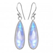 Rainbow moonstone pear solid silver bezel earring